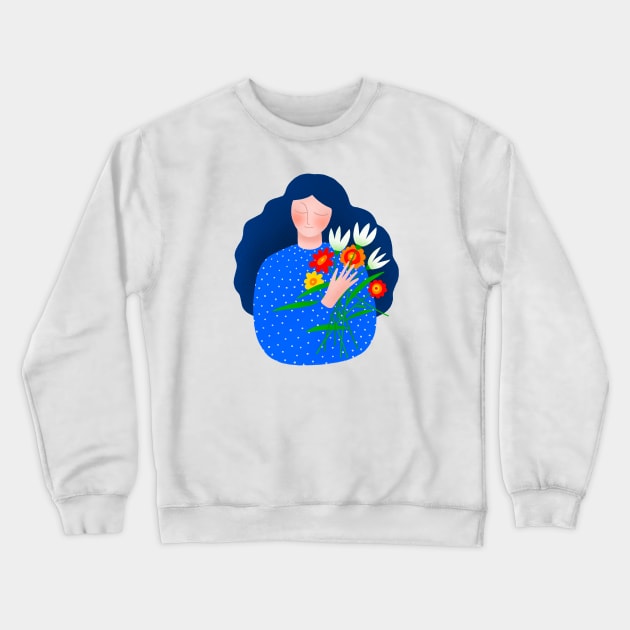 Girl with blue hair and spring flowers Crewneck Sweatshirt by iulistration